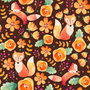Large Scale - Floral Fox Friends - Brown Background