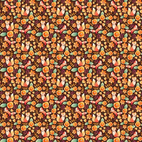 Small Scale - Floral Fox Friends - Brown Background