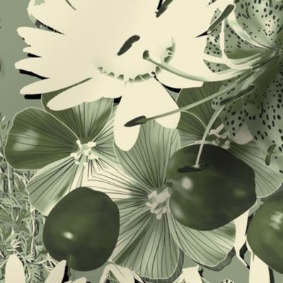 Hand Painted Hyper Realism Botanicals - Giardino Segreto - Garden Favs - Dimensional Design - Mono Vintage Green 