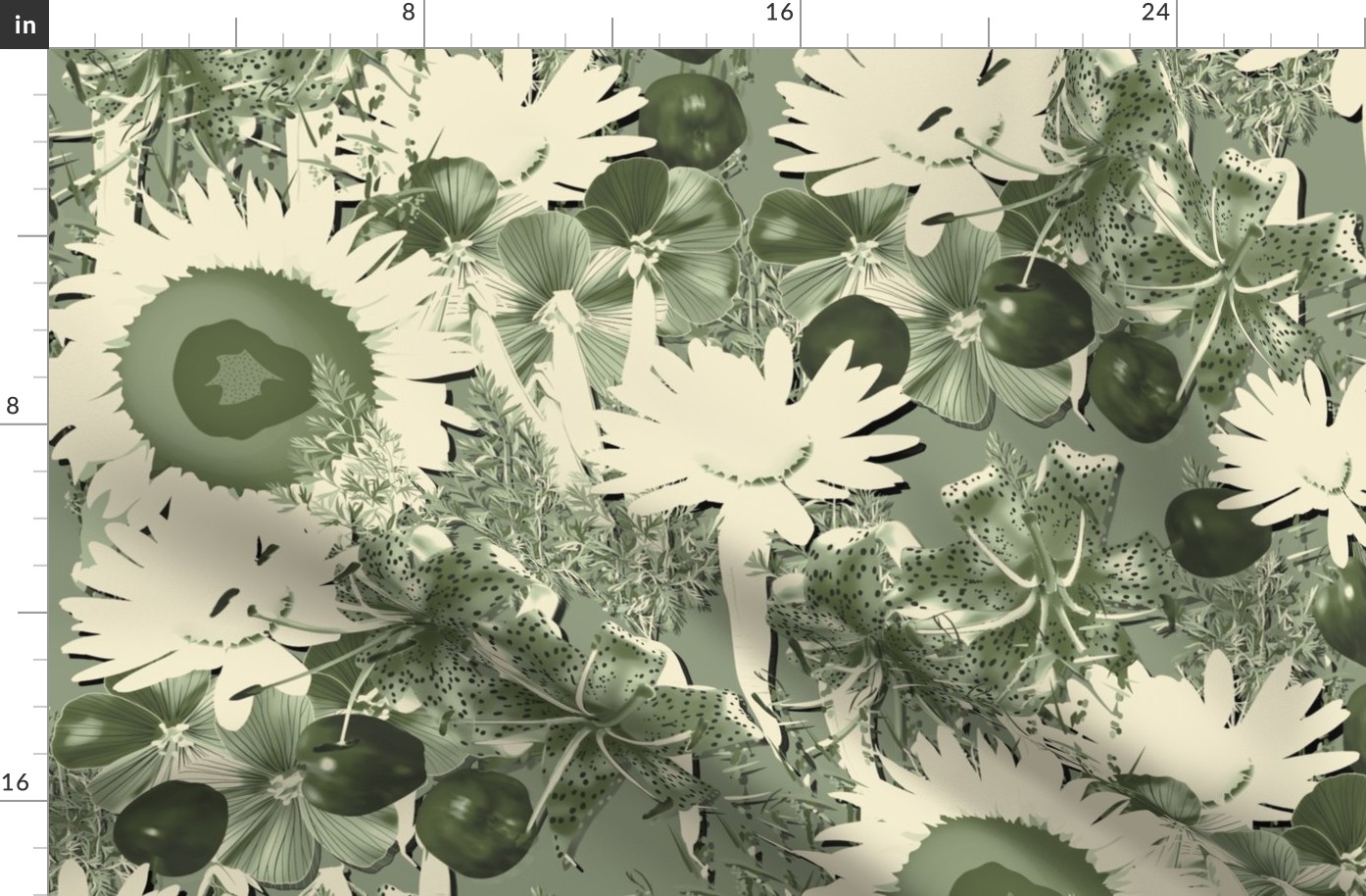 Hand Painted Hyper Realism Botanicals - Giardino Segreto - Garden Favs - Dimensional Design - Mono Vintage Green 