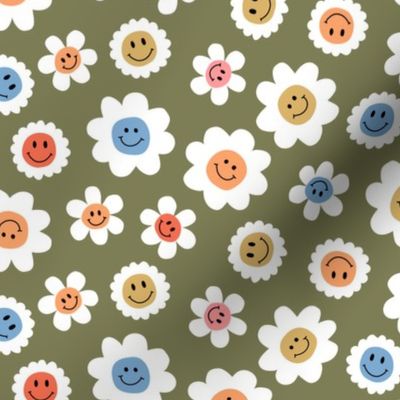 Smiley Flowers Bright on Green