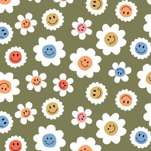 Smiley Flowers Bright on Green