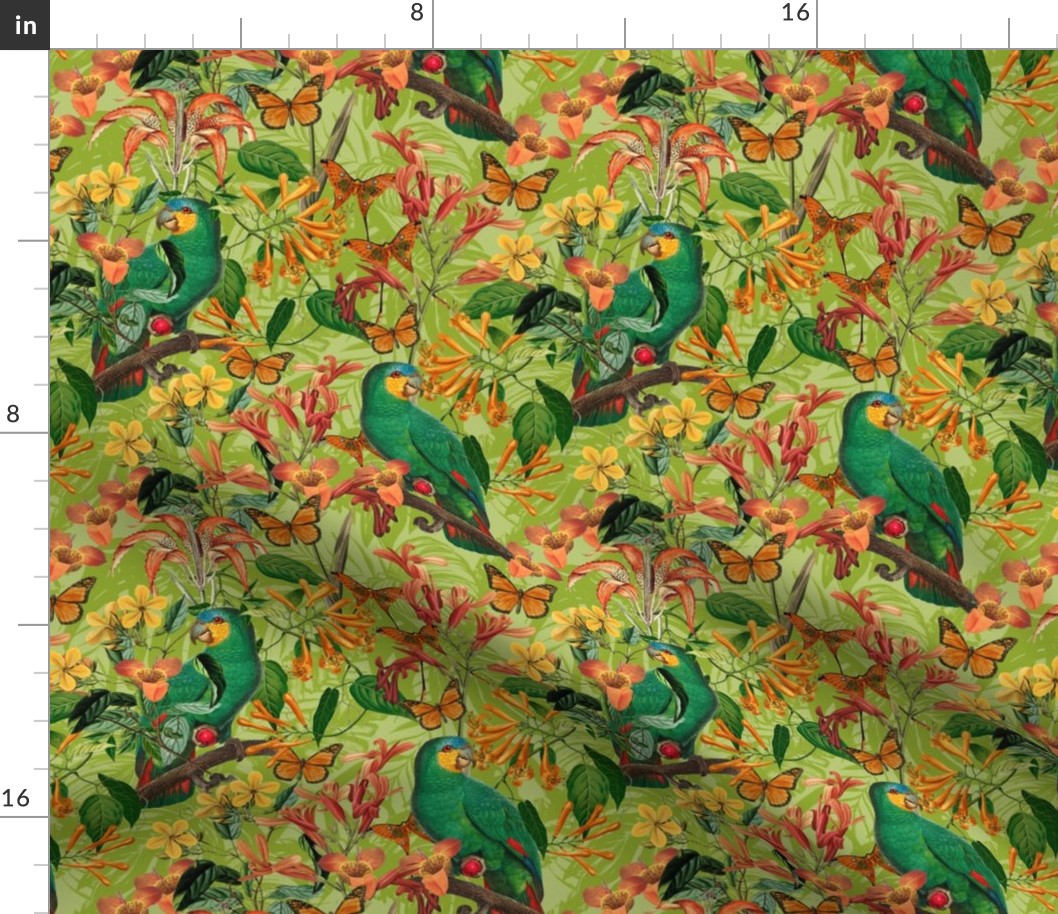 Tropical Paradise With Parrots Summer Pattern Smaller Scale