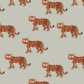 Little curious tiger wild animals boho design for kids nursery in soft gray orange