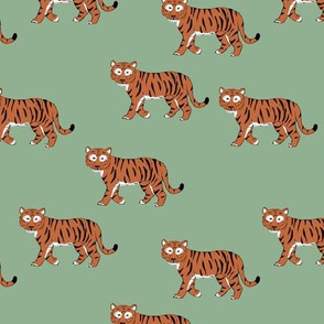 Little curious tiger wild animals boho design for kids nursery in soft sage green orange