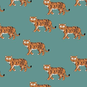 Little curious tiger wild animals boho design for kids nursery in sea green stone blue orange 