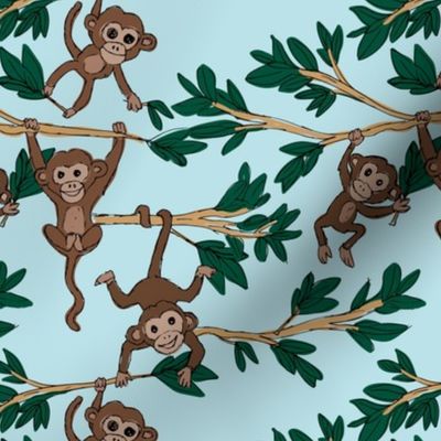 Curious little monkey friends in trees wild animals jungle safari design for kids blue green  