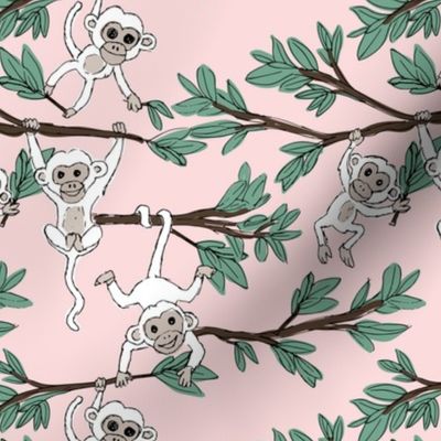 Curious little monkey friends in trees wild animals jungle safari design for kids blush pink green white 