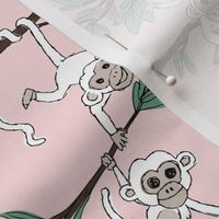 Curious little monkey friends in trees wild animals jungle safari design for kids blush pink green white 