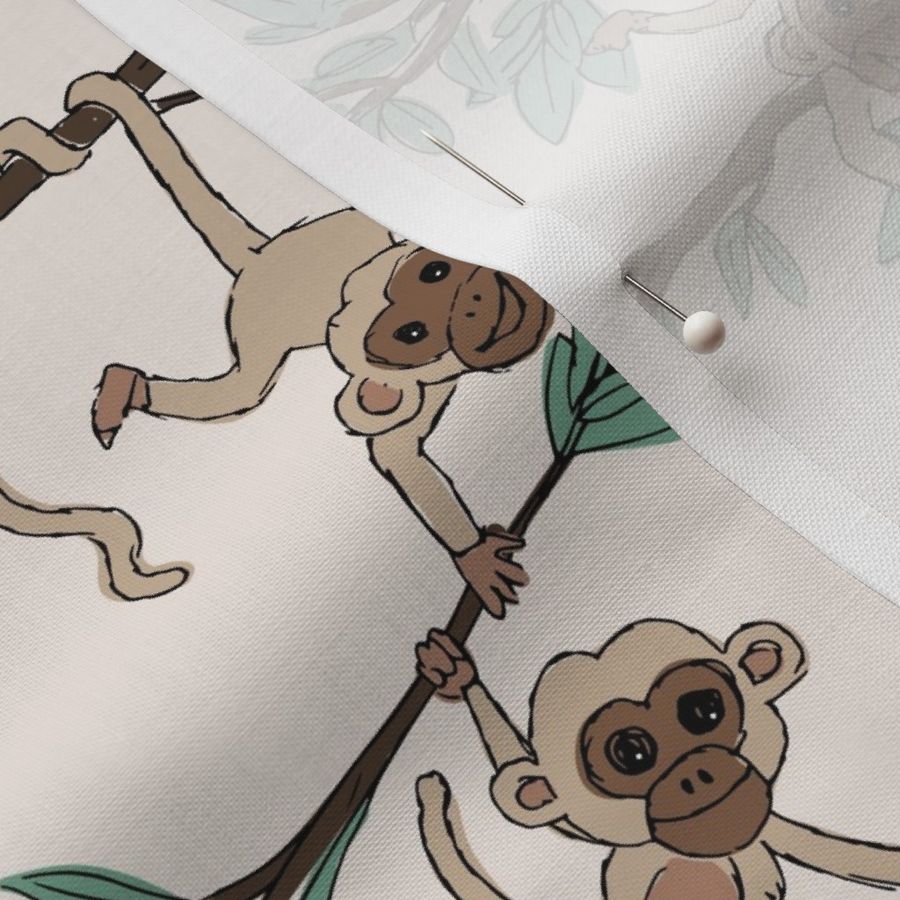 Curious little monkey friends in trees wild animals jungle safari design for kids ivory beige green neutral