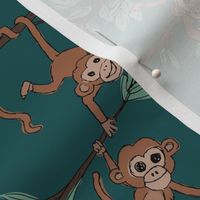 Curious little monkey friends in trees wild animals jungle safari design for kids forest green brown sage