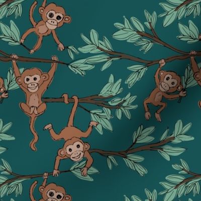 Curious little monkey friends in trees wild animals jungle safari design for kids forest green brown sage