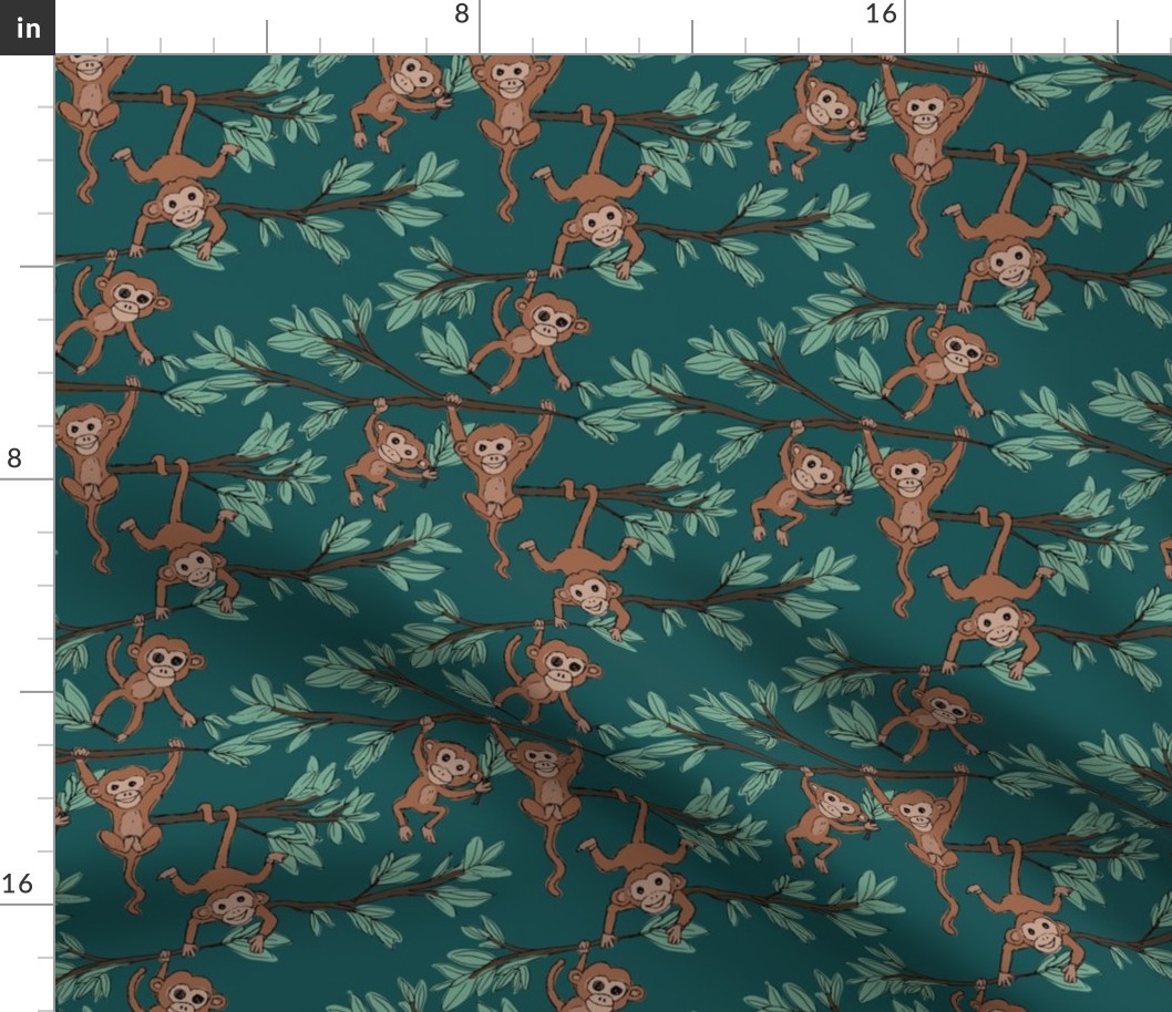 Curious little monkey friends in trees wild animals jungle safari design for kids forest green brown sage