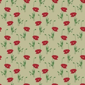 Field Poppy Leaves // Small Scale // Sage Green Background // Wild Flowers // Red Poppy // Green Leaves // Summer Flowers // Cotton