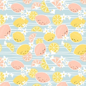 Pink and yellow lemons on blue