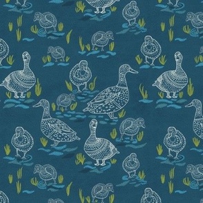 By the river ducks, ducklings, blue line drawing and doodles white on deep teal blue cottage core