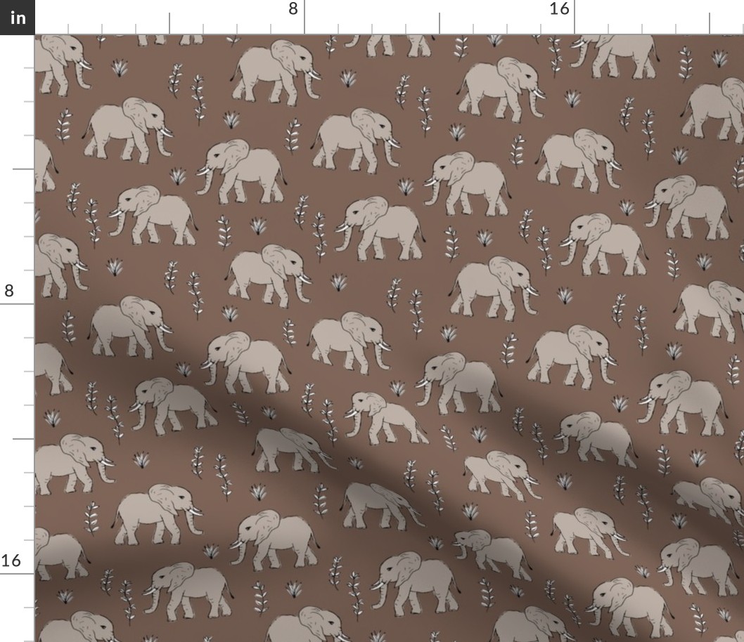 Curious little baby boho elephant african wild life animals kids nursery design muddy brown gray neutral