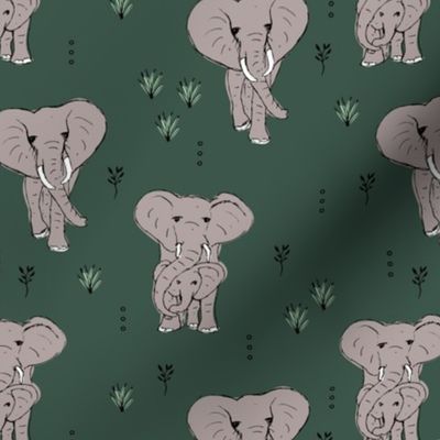 Curious boho elephant family african wild life animals kids nursery design olive green gray