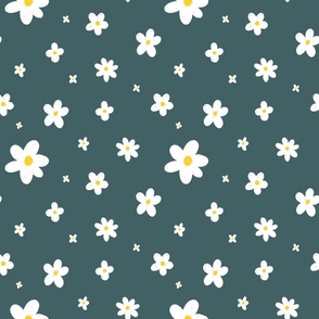 Dark green hand-drawn retro daisies