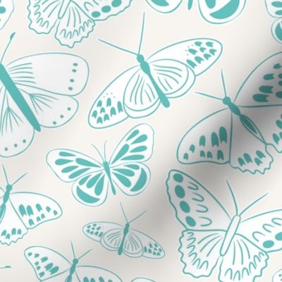 Teal and White Butterflies on Cream by Sarah Price