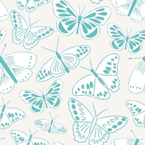 Teal and White Butterflies on Cream by Sarah Price