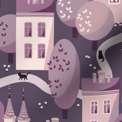 Evening cat walk, Purple-brown houses on dark purple-gray background