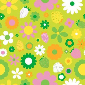 Strawberry Daisy Floral in Lime Green