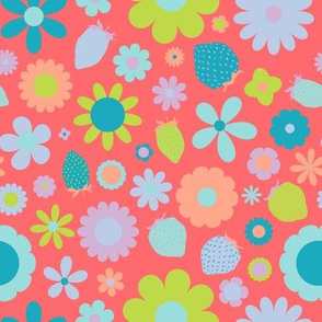 Strawberry Daisy Floral in Coral + Aqua