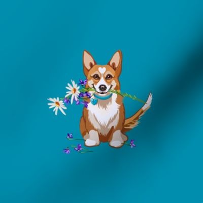 6” Embroidery Pix - Corgi - A Flower for You | Green Blue