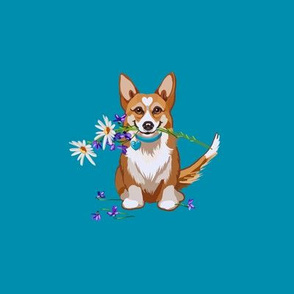 6” Embroidery Pix - Corgi - A Flower for You | Green Blue