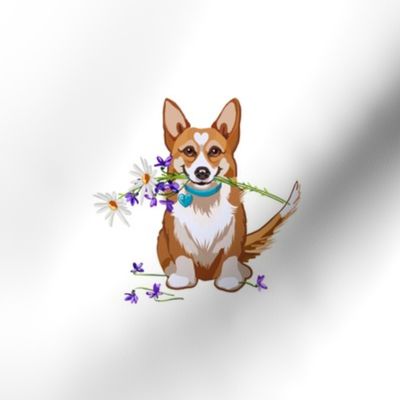 6” Embroidery Pix - Corgi - A Flower For You | White