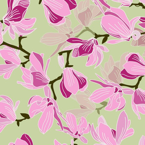 Botanical Pink Magnolias on Light Green