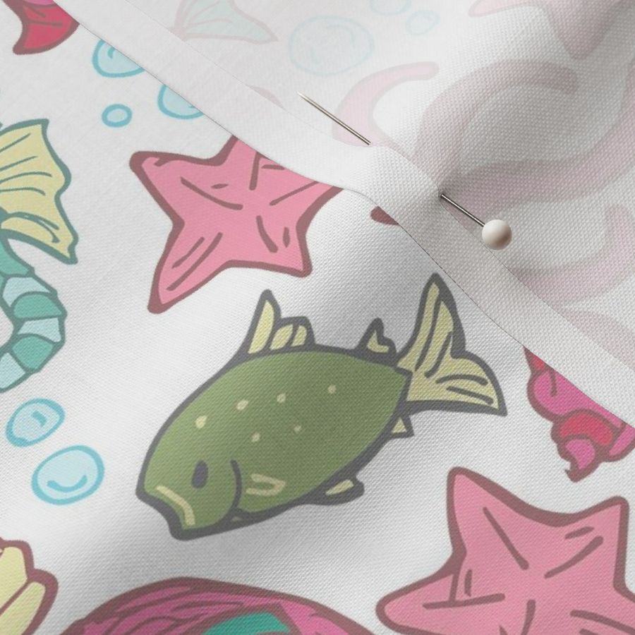 Cute Kawaii Mermaid Underwater-Themed Children's Fabric with Octopus, Seals, Seahorses, Fish, shells, Pink. 