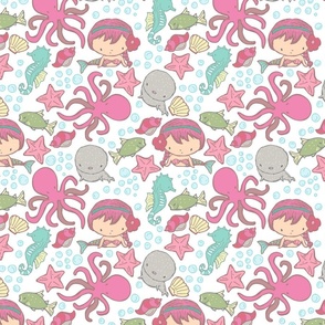 Cute Kawaii Mermaid Underwater-Themed Children's Fabric with Octopus, Seals, Seahorses, Fish, shells, Pink. 
