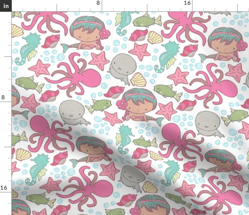 Cute Kawaii Ethnic Mermaid Underwater-Themed Children's Fabric with Octopus, Seals, Seahorses, Fish, shells, Pink. 