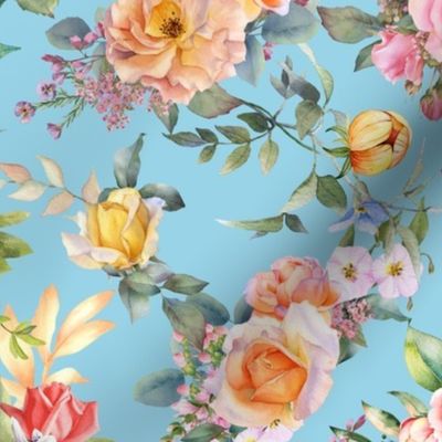 Peony Rose Pattern in Sky Blue