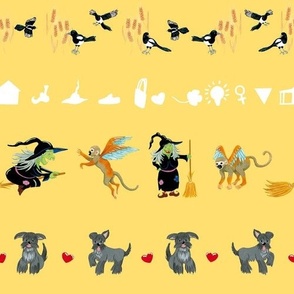 Witches, monkeys, birds and puppies on yellow