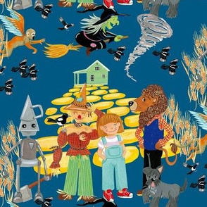 Scarecrow, robot, witch, girl and lion on blue. Half-Drop pattern