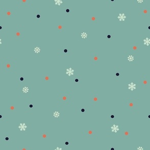 Black and red dots, snowflake on blue green. Winter simple Pattern