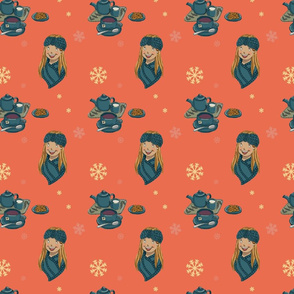 Girl with scarf doing teatime on red, Christmas pattern