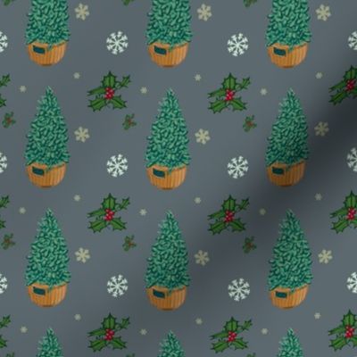 Fir tree with snowflakes and holly, Christmas fabric on grey