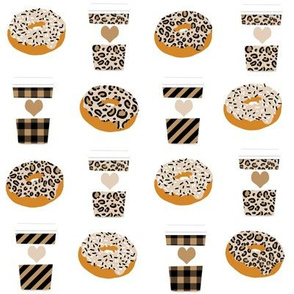 LARGE coffee and donuts leopard print fabric
