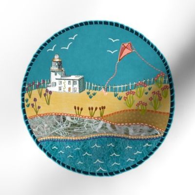 Beside the lighthouse beach scene  embroidery 