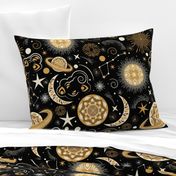 Galaxy Mandala- Bohemian Space Adventure- Goldenrod Isabelline Honey on Black- Large Scale