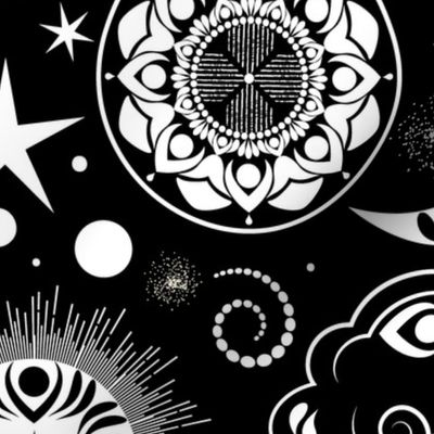 Galaxy Mandala- Bohemian Space Adventure- Black and White- Large Scale