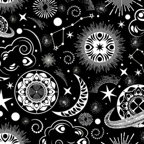 Galaxy Mandala- Bohemian Space Adventure- Black and White- Large Scale