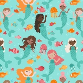 Small Whimsical mermaids and rainbow fish on aqua