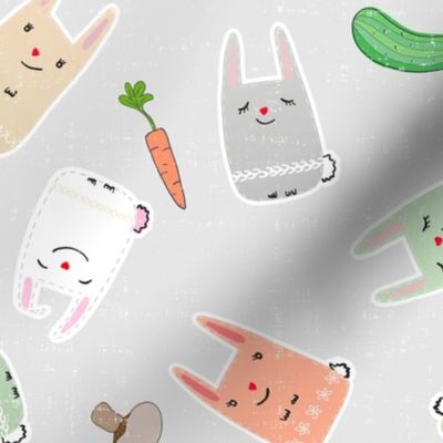 ditsy bunnies and veggies - soft gray and pastels