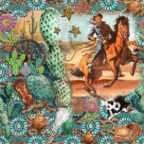 Bigger Scale Western Collage Cactus Rodeo Turquoise Cowhide Cowboy Cow Print and Flowers