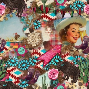 Bigger Western Collage Cactus Rodeo Turquoise Cowhide Cowgirl Pinup Cow Print Southwestern Motif Flowers